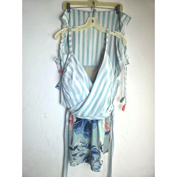 Swim by Cacique Blue White Striped Floral 2 Piece Tankini Bathing Suit size 28 - Picture 1 of 8